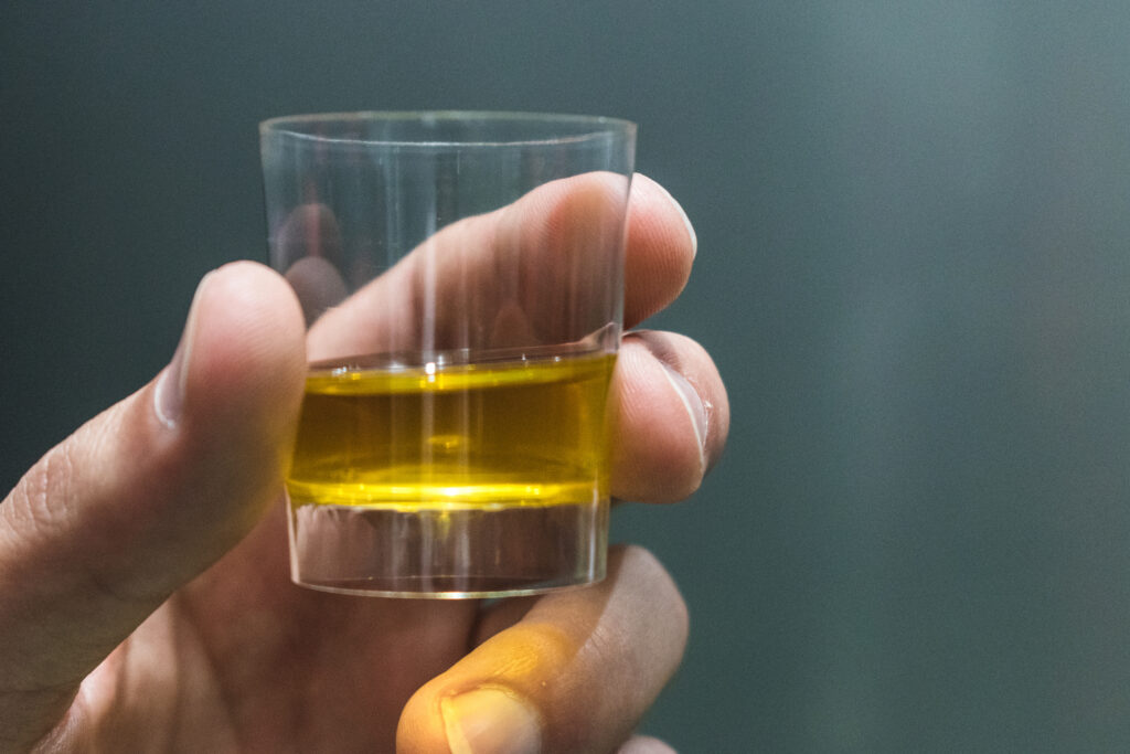 Closeup of a hand holding a tasting glass with extra virgin olive oil with copy space. horizontal photo